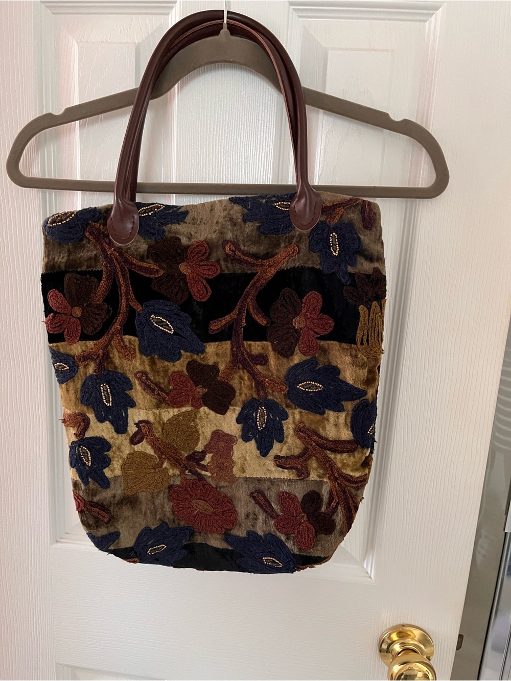 Phoebe Rose multicolor floral Tote Bag in Tan - with leather handles.